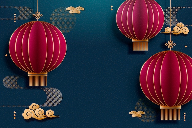 Chinese hanging red lantern blue background in paper art style