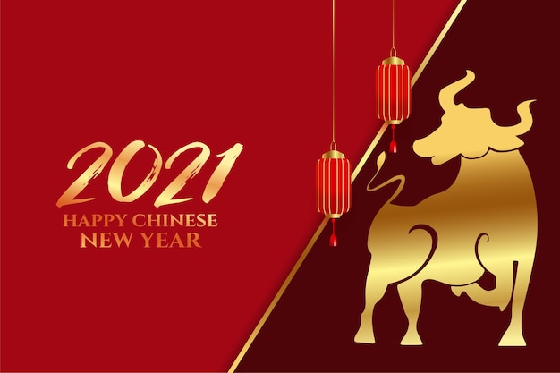Free vector chinese happy new year of ox greetings with lanterns 2021 vector