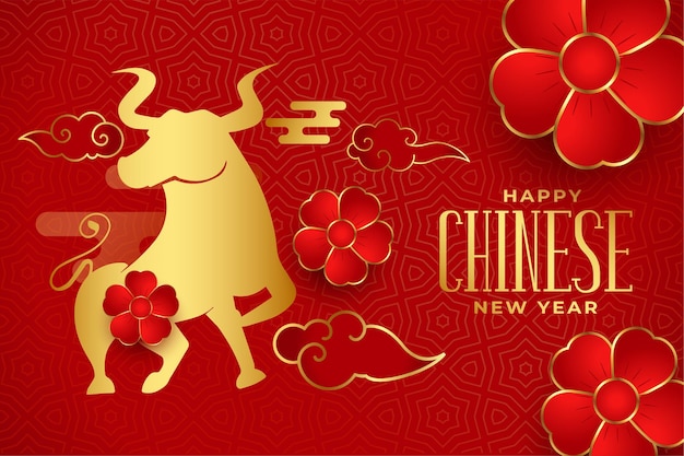 Chinese happy new year with ox and floral red background 