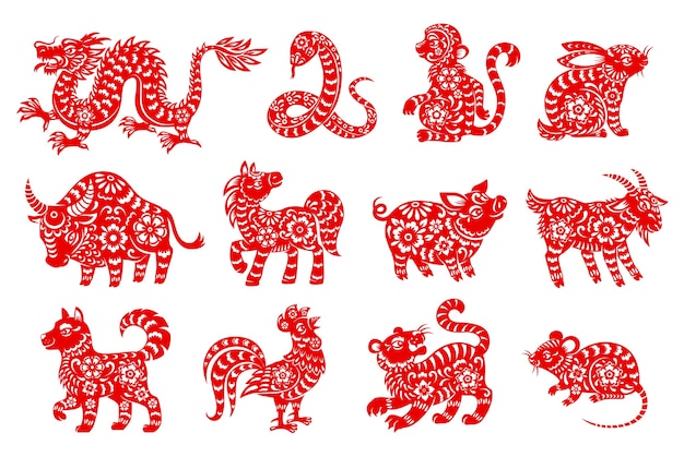 Chinese horoscope animal isolated icons with red paper cut zodiac symbols of lunar new year