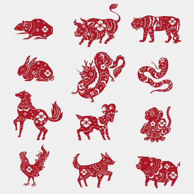 Chinese horoscope animals red new year stickers set