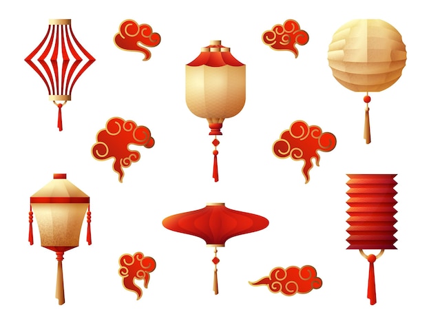 Chinese lanterns. hanging lantern, red gold night lights. holiday traditional asian symbols, japanese korean lamps and clouds swanky vector set on white