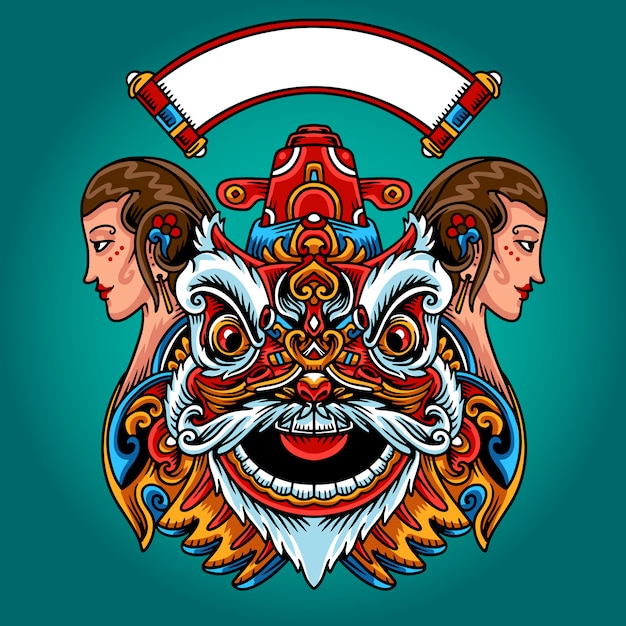 Chinese lion dance mask illustration