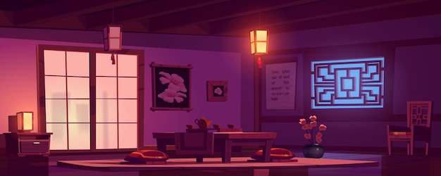 Chinese living room with wooden table, chair and red cushions at night