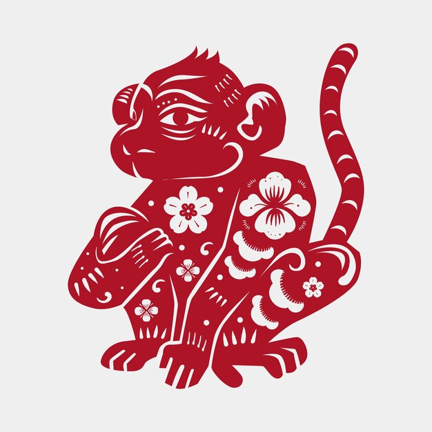 중국 원숭이 동물 벡터 스티커 빨간 새해 그림