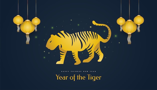 Chinese new year 2022 year of the tiger. chinese new year banner with golden tiger illustration and lanterns isolated on blue background. 2022 chinese zodiac sign tiger