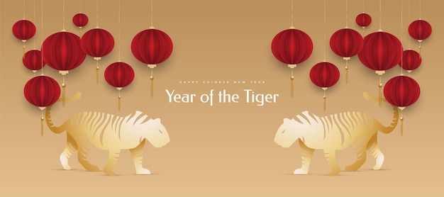 Chinese new year 2022 year of the tiger. chinese new year banner with golden tiger illustration and red lanterns isolated on gold background. 2022 chinese zodiac sign tiger