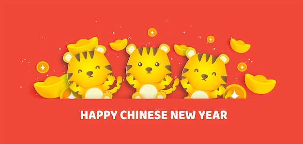 Chinese new year 2022 year of the tiger greeting card in paper cut style