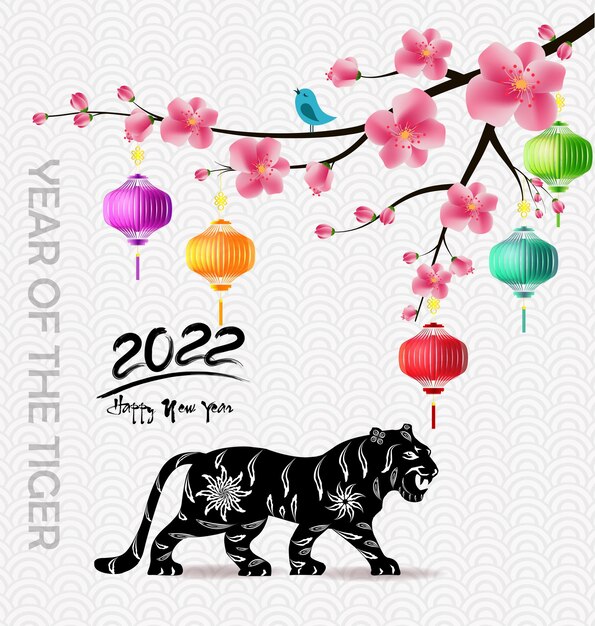 Chinese new year 2022 year of the tiger red and gold flower and asian elements paper cut with craft