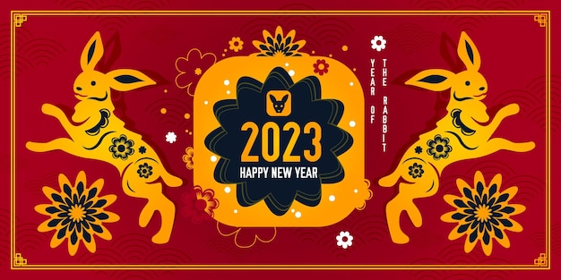 Free vector chinese new year 2023 horizontal poster with zodiacal sign of rabbit flat vector illustration