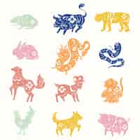 Free vector chinese new year animals  colorful animal zodiac sign stickers set