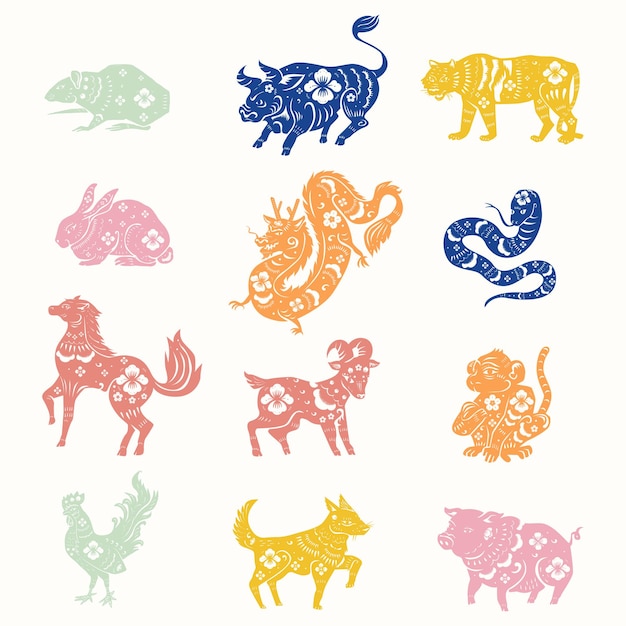 중국 새 해 동물 다채로운 동물 조디악 로그인 스티커 세트