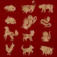 Free vector chinese new year animals vector gold animal zodiac sign stickers set