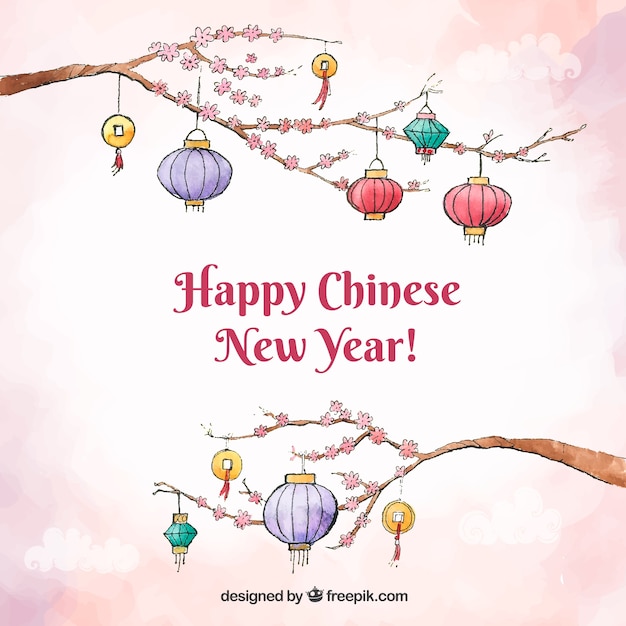 Chinese new year background design with lanterns on branches