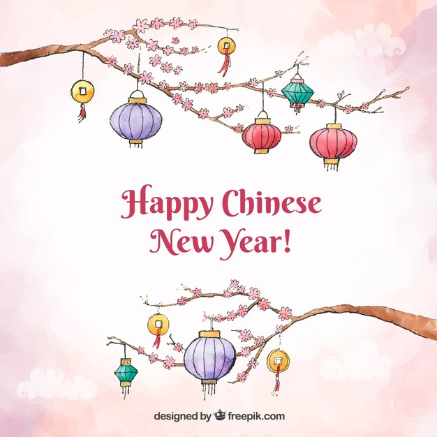 Chinese new year background design with lanterns on branches