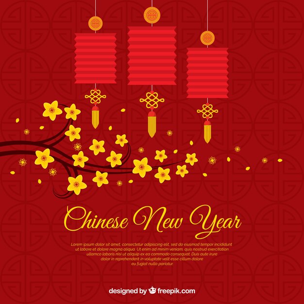 Chinese new year background with flat lanterns