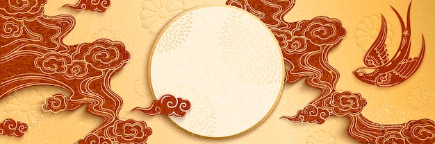 Chinese new year banner design with swallow and clouds in paper art style