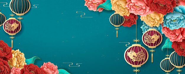 Chinese new year banner template with hanging lanterns and colorful peony on turquoise background