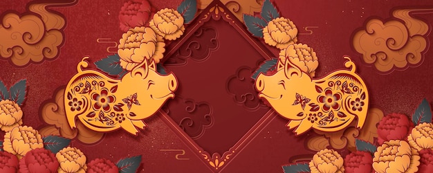 Chinese new year banner template with smile piggy and blank spring couplet