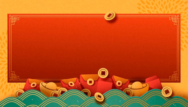 Chinese new year banner with gold ingot and red envelopes elements in paper art style Premium Vector