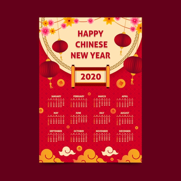 Китайский новогодний календарь в плоском дизайне