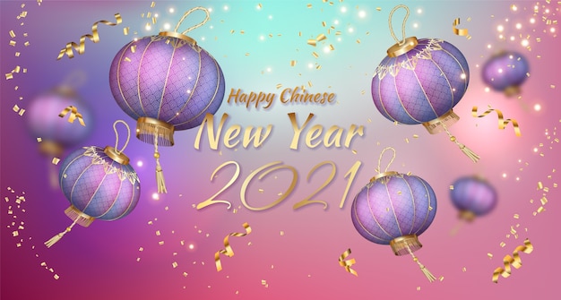 Chinese new year card with realistic flying chinese lanterns