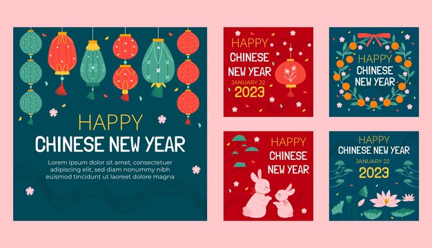 무료 벡터 중국 설날 축하 인스타그램 게시물 모음