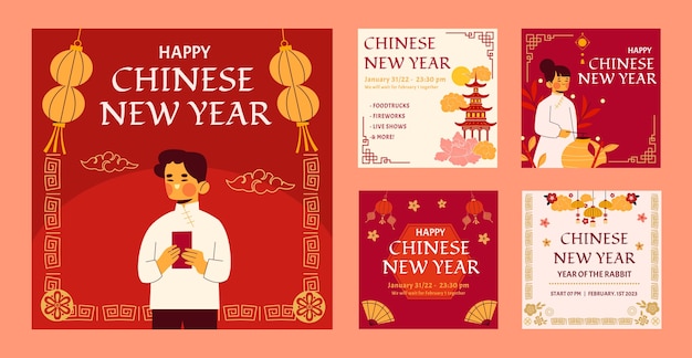 Free vector chinese new year celebration instagram posts collection