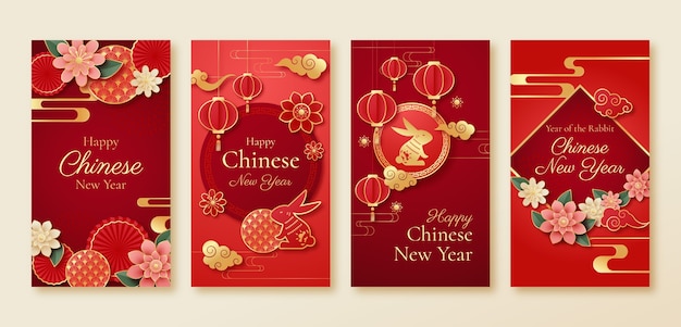 Free vector chinese new year celebration instagram stories collection