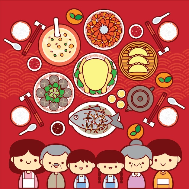 Chinese new year eve family reunion dinner vector illustration with delicious dishes