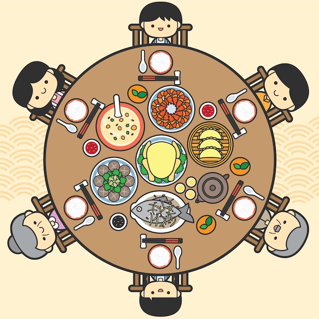 Chinese new year eve family reunion dinner vector illustration with delicious dishes