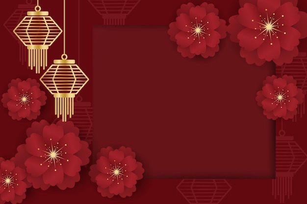赤い​背景​に​ランプ​と​赤い​花​と​中国​の​旧​正月​の​祭り​の​バナーデザイン