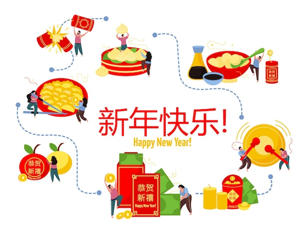 Chinese new year flat composition with happy new year text in chinese