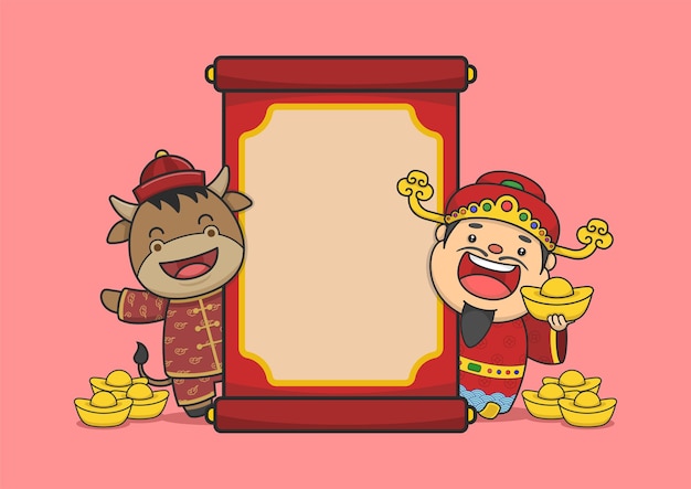 Chinese new year fortune god and ox and scroll