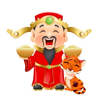 Chinese new year greeting card with god of wealth and cute tiger symbol of 2022