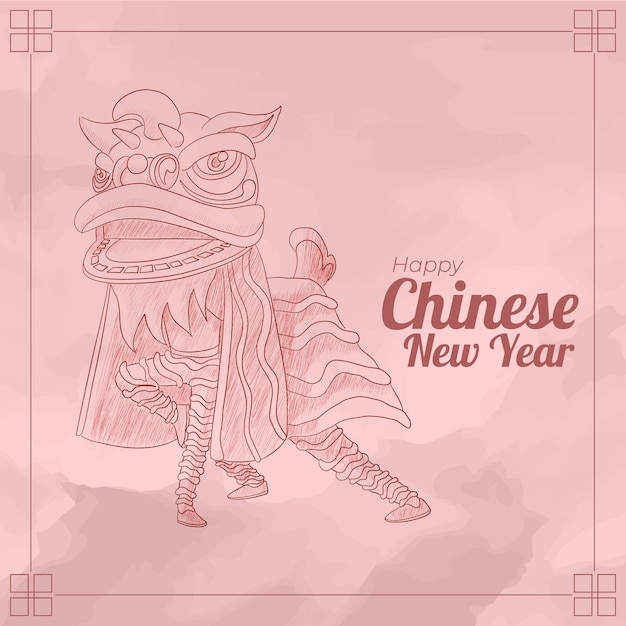 Chinese new year greeting card with sketch of lion dance