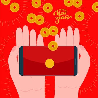 Китайский новогодний баннер с счастливыми деньгами две руки держат мобильный телефон с красным конвертом, показанным на экране...