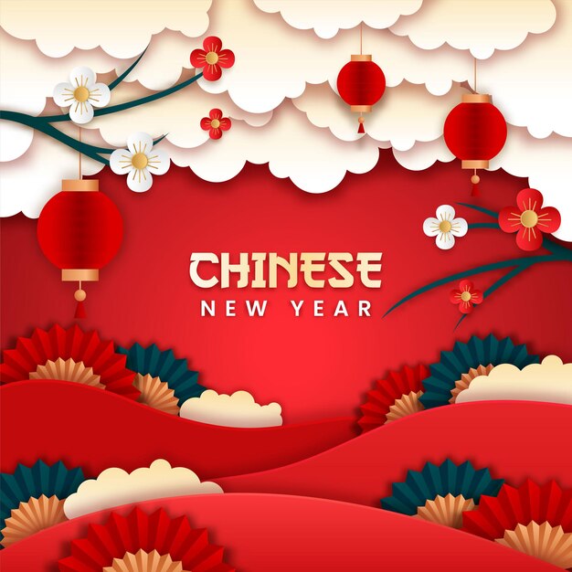 Chinese new year paper cut style vector. poster or banner using lanterns and flowers. with asian concept.