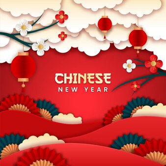 Chinese new year paper cut style vector. poster or banner using lanterns and flowers. with asian concept.