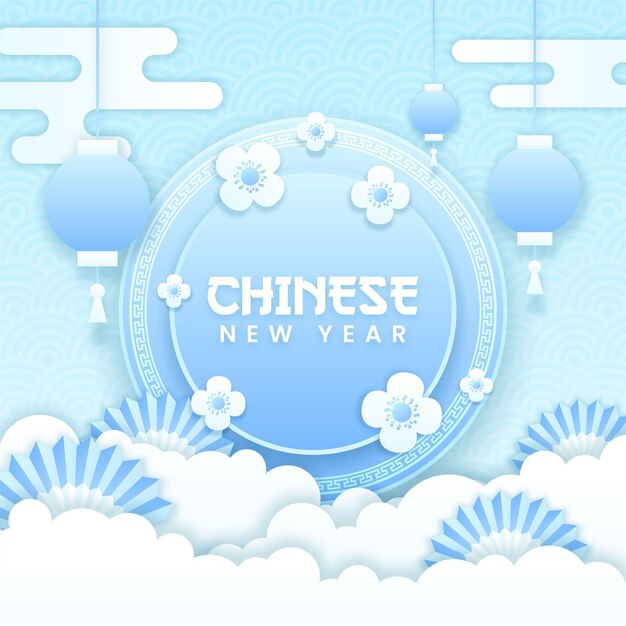 Chinese new year paper cut vector. minimalist paper cut banner or poster with lantern, flower, and cloud ornament.