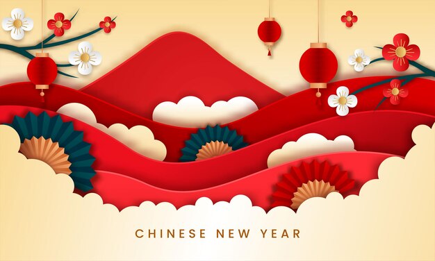 Chinese new year paper style vector. poster or banner using lanterns and flowers suitable for chinese new year event.