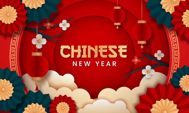 Chinese new year paper style vector. poster or banner using lanterns, umbrellas and flowers suitable for chinese new year event.