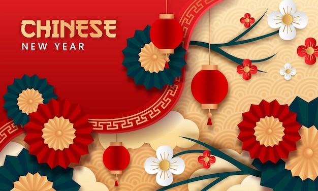 Chinese new year paper style vector. poster or banner using lanterns, umbrellas and flowers with the theme of asian culture.