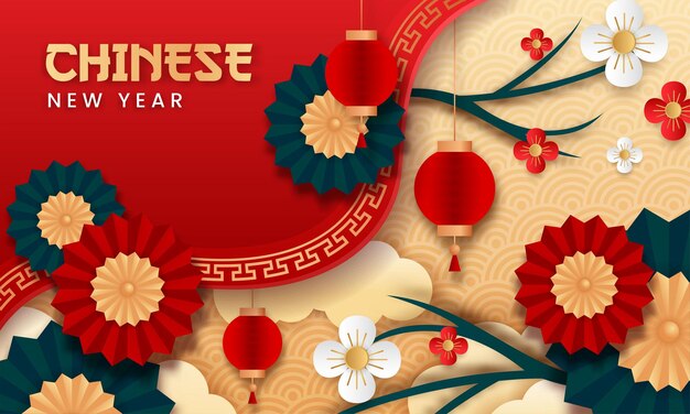 Chinese new year paper style vector. poster or banner using lanterns, umbrellas and flowers with the theme of asian culture.