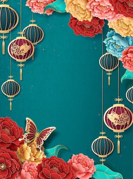 Chinese new year poster template with hanging lanterns and colorful peony on turquoise background