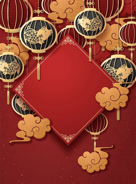 Chinese new year poster template with hanging piggy lanterns and golden clouds