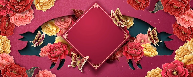 Chinese new year poster template with peony flowers and piggy shape hollow on fuchsia background