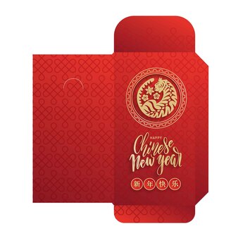 Chinese new year red envelope diecut packet red packet with gold tiger and lettering text chinese ne...