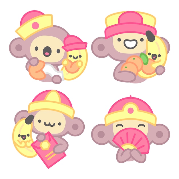 Free vector chinese new year stickers collection with monkey and banana