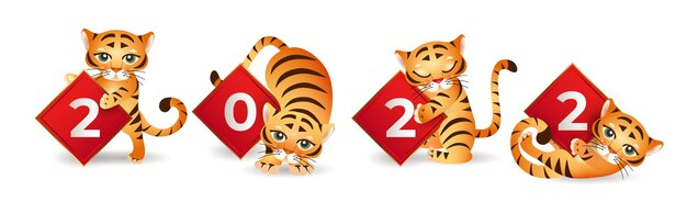 Chinese new year of the tiger. set of cute tigers in different poses with signs 2022 on white background. fits for designing kids clothes, greeting cards, banners, posters. vector illustration.